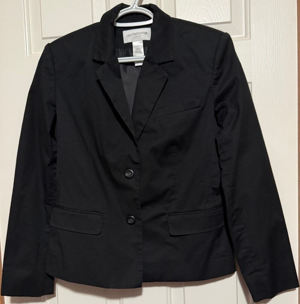 Liz Claiborne LizSport Black Padded Shoulders Lined Two Button Blazar Size 6